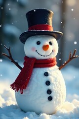 Obraz premium Classic snowman, black top hat, orange carrot nose, seasonal, elegant