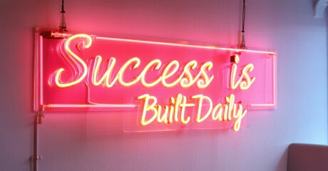 Neon sign success is built daily crimson cyber teal floating high energy startup development forum softly illuminating cutting edge workstations
