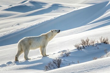 Polar Bear (Ursus maritimus) in the snow is a large Arctic carnivore, closely related to brown bears, with white fur, black skin, and adaptations for ice and water