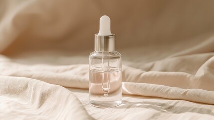 Naklejka premium Small elegant glass bottle with dropper containing clear liquid on neutral fabric, minimalist design with label-free simplicity, conveying calm and safety, ample copy space for text or design.