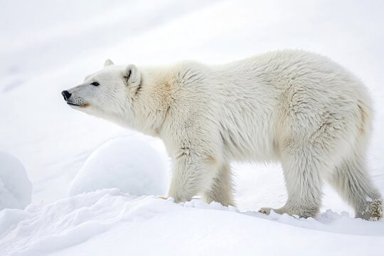 Polar Bear (Ursus maritimus) in the snow is a large Arctic carnivore, closely related to brown bears, with white fur, black skin, and adaptations for ice and water