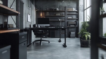 Industrial office workspace, desk, computer, plants, loft