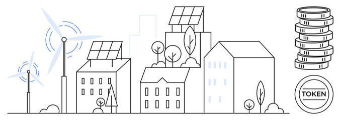 Urban cityscape featuring buildings with solar panels, wind turbines, and stacked tokens symbolizing green energy economy. Ideal for renewable energy, smart cities, eco-economy, sustainability, green