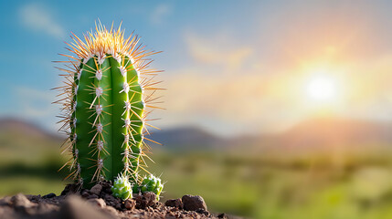 Naklejka premium Glowing cactus with golden spines at sunset desert landscape nature photography warm environment close-up view serenity and beauty
