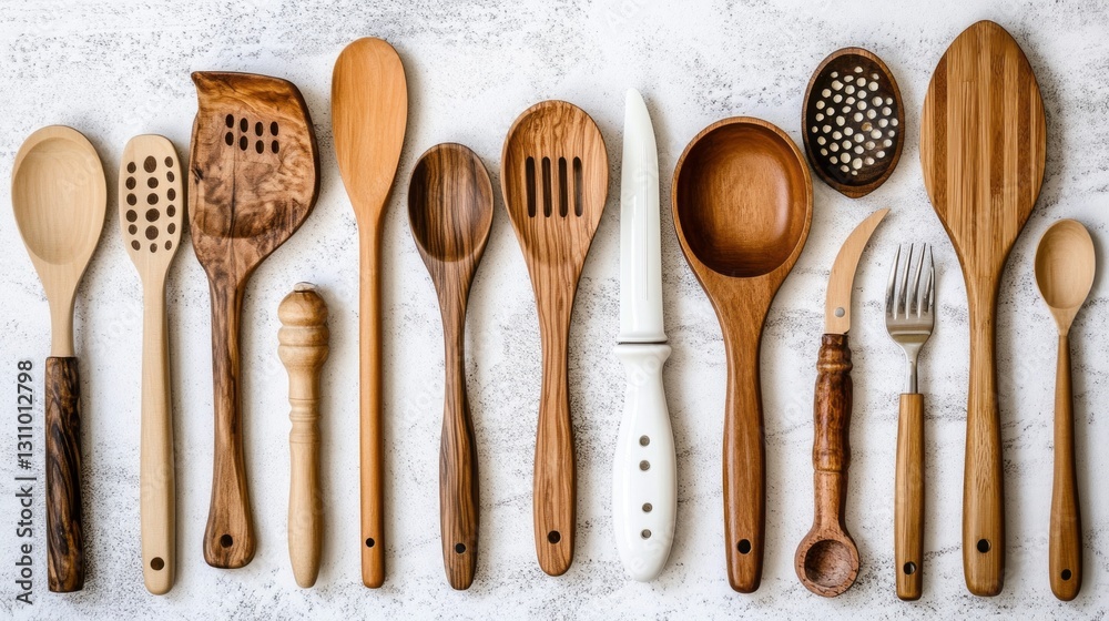 Aufkleber a delightful collection of wooden kitchen utensils rests on a light countertop, showcasing various s