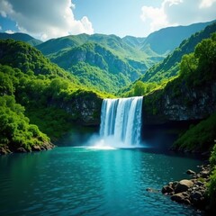 Majestic waterfall cascading into pristine lake, lush green hills, green, sky, amazing