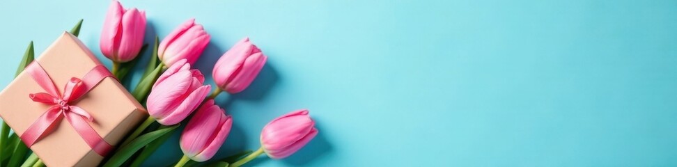 Obraz premium Pink tulips arranged near a gift on a serene blue background, elegant, card, present