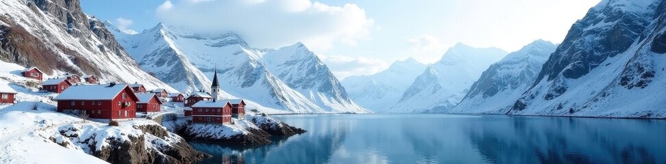 Panoramic view of picturesque Norwegian village, snow-capped peaks , beautiful, grey, idyllic