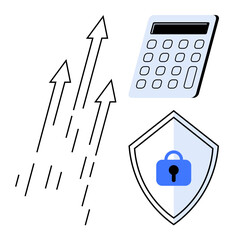 Calculator above three ascending arrows and shield with lock symbol. Ideal for business growth, financial planning, economic success, data security, financial protection, investment strategies