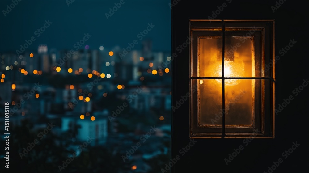 Poster A window with a single light illuminating an otherwise dark cityscape.