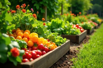 Vibrant raised garden beds overflowing with colorful vegetables and flowers , texture, herbs