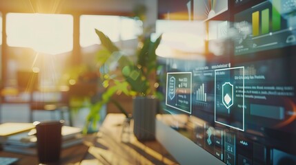 Close-up of a digital screen with a pop-up ad blocked by a shield icon, symbolizing ad-free browsing and online privacy protection in a modern workspace setting.