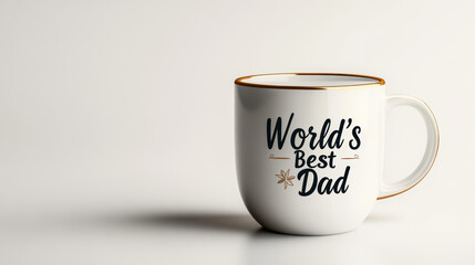 White ceramic mug with "World's Best Dad" text and golden rim on a minimal background