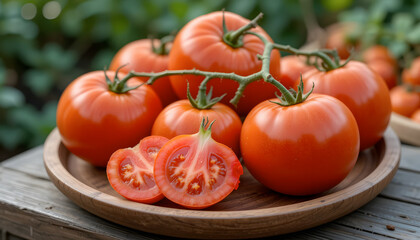 Fresh ripe tomatoes displayed on a wooden platter with some sliced for a vibrant presentation