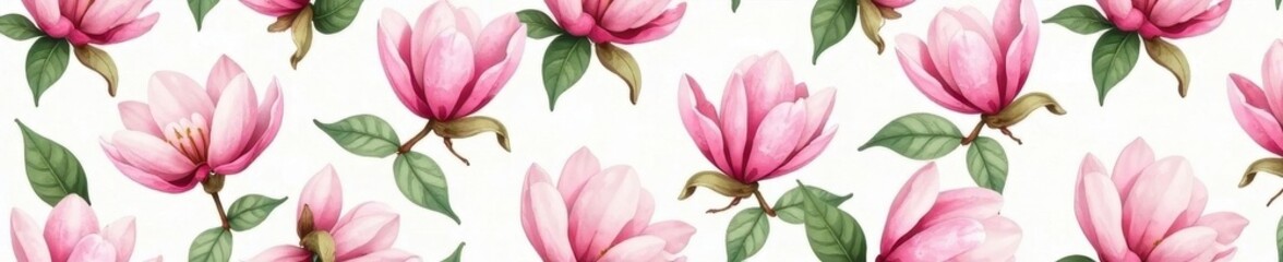 Fototapeta premium Seamless soft pastel magnolia pattern Isolated blooms and foliage, repeating design , pretty, graphic, repeat pattern