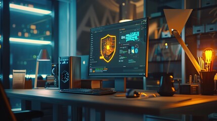 Close-up of a digital screen with a pop-up ad blocked by a shield icon, symbolizing ad-free browsing and online privacy protection in a modern workspace setting.