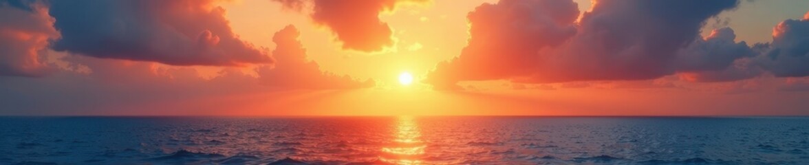Fototapeta premium Golden sunrise paints vibrant clouds above calm ocean , dawn, morning, vivid