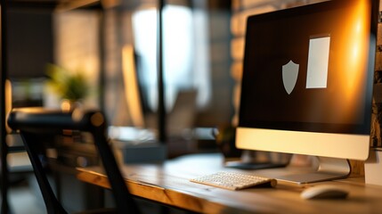 Close-up of a digital screen with a pop-up ad blocked by a shield icon, symbolizing ad-free browsing and online privacy protection in a modern workspace setting.