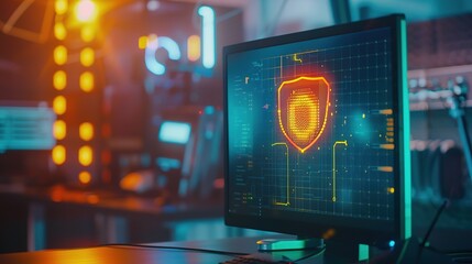 Close-up of a digital screen with a pop-up ad blocked by a shield icon, symbolizing ad-free browsing and online privacy protection in a modern workspace setting.