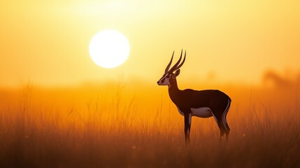Naklejka premium Gazelle standing in savanna at sunrise with golden sun