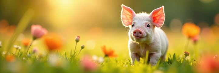 Fototapeta premium Smiling piglet in a sun-drenched flower meadow , image, nature