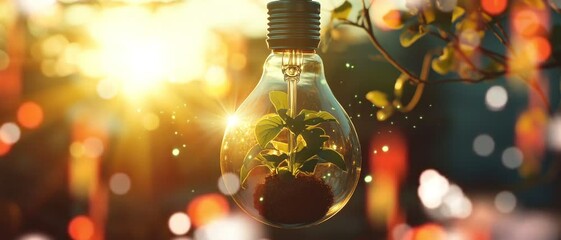 Loop animation of A bulb with sunlight and green leaves inside. Eco green sustainable and renewable energy for better future to celebrate World Environment Day on June 5