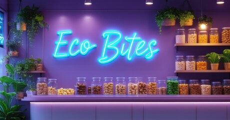 Neon sign eco bites radiant jade warm lavender floating futuristic zero waste caf glowing shelves of organic plant based snacks