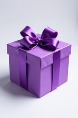 Obraz premium Square purple gift box, tied with bow, clean white backdrop, present, background