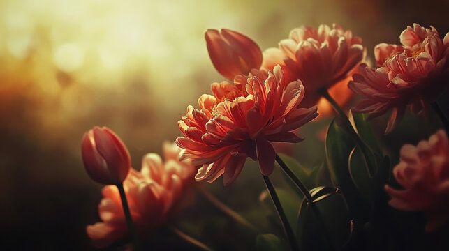 A stunning botanical composition featuring chrysanthemums and tulips, petals showcasing subtle natural imperfections, masterful interplay of light and shadow