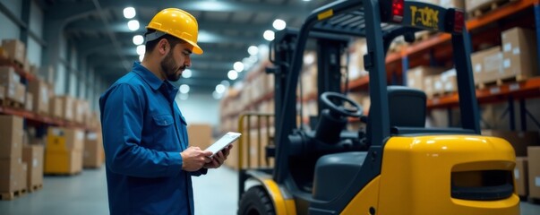 Blue collar worker standing beside forklift in warehouse interior with tablet and helmet, delivery, warehouse