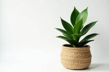 Stylish snake plant in handcrafted jute basket, white background , overhead, natural fiber
