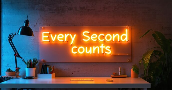 Neon sign every second counts cyber blue warm amber mounted productivity driven workspace softly illuminating sleek standing desks