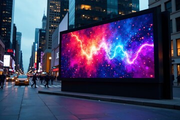Digital billboard with high-resolution display and dynamic animations in urban setting, modernity, neon signs