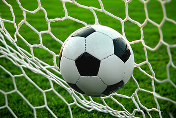 Soccer Ball In Goal Net On Green Grass Field