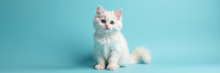 Elegant Turkish Angora Kitten Posing on Light Blue Background, calm, angora