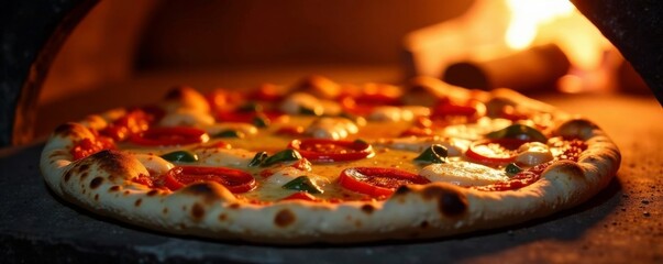 Freshly baked thin crust pizza emerging from wood-fired oven , savory, fresh out