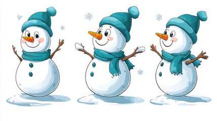 Three cheerful snowmen in teal hats and scarves playing in snow.
