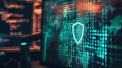 Close-up of a digital screen with a pop-up ad blocked by a shield icon, symbolizing ad-free browsing and online privacy protection in a modern workspace setting.