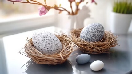 Two speckled Easter eggs in nests, with additional eggs and spring flowers.