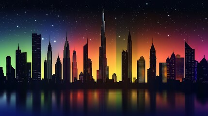 A vibrant city skyline at sunset, reflecting colorful lights on water.