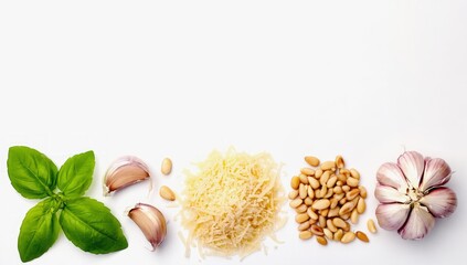 Fresh pasta ingredients arranged on white background