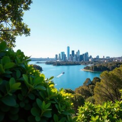 Fototapeta premium Sydney skyline partially obscured by lush green foliage, outdoor, urban, trees