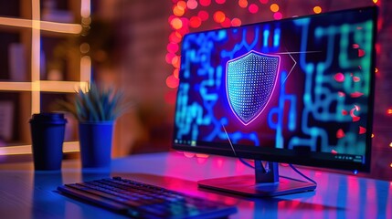 Close-up of a digital screen with a pop-up ad blocked by a shield icon, symbolizing ad-free browsing and online privacy protection in a modern workspace setting.