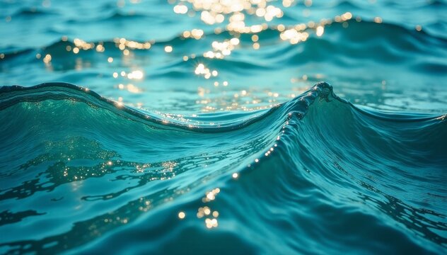 Shimmering turquoise blue water waves on the Cantabrian Sea's surface with flecks of gold, cantabrian sea, nature scenes
