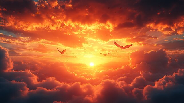 Animals gracefully bounding across a dreamy cloudscape at sunset where warm and cool tones blend beautifully