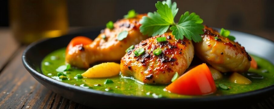 Sizzling chicken dish with green sauce and vegetables , stew, joc&oacute;n