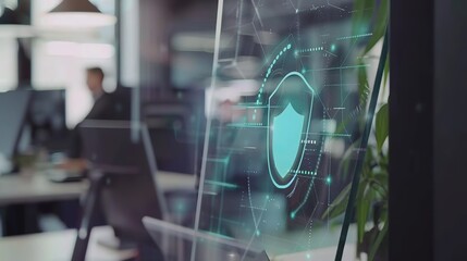 Close-up of a digital screen with a pop-up ad blocked by a shield icon, symbolizing ad-free browsing and online privacy protection in a modern workspace setting.