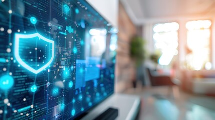 Close-up of a digital screen with a pop-up ad blocked by a shield icon, symbolizing ad-free browsing and online privacy protection in a modern workspace setting.