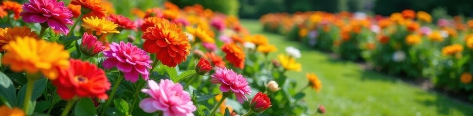 Vibrant flowers blooming in neatly arranged garden bed, petals, flower garden