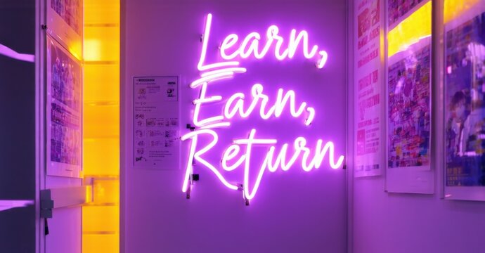 Naklejki Neon sign learn earn return radiant purple warm amber floating inside high tech business school softly glowing motivational posters